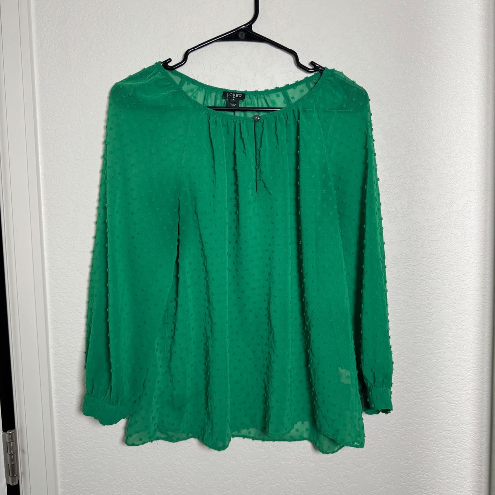 J.Crew Swiss Dot Blouse Womens Size S Green Long Sleeve Sheer Chiffon Top